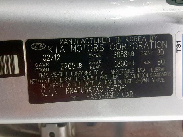 KNAFU5A2XC5597061 - 2012 KIA FORTE EX SILVER photo 10