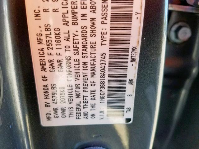 1HGCP36818A043745 - 2008 HONDA ACCORD EXL GRAY photo 10