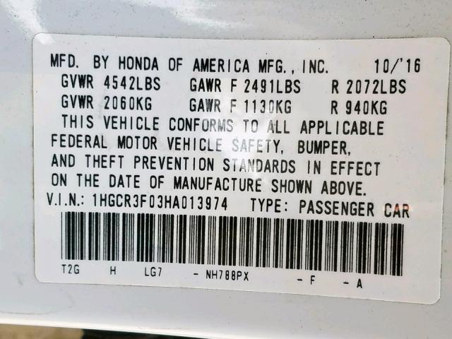 1HGCR3F03HA013974 - 2017 HONDA ACCORD EXL WHITE photo 10