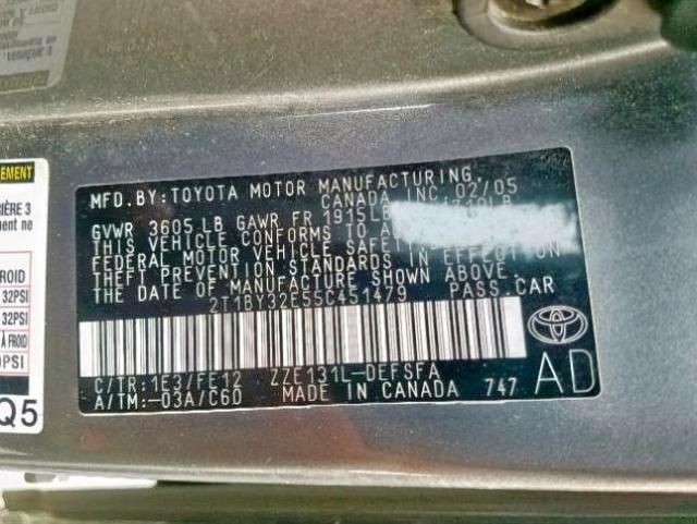 2T1BY32E55C451479 - 2005 TOYOTA COROLLA XR SILVER photo 10