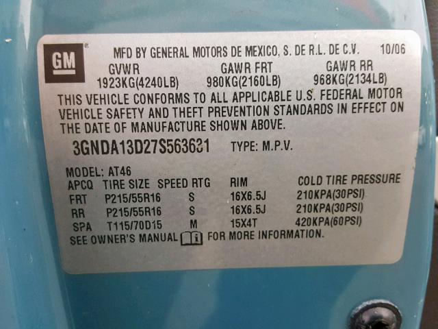 3GNDA13D27S563631 - 2007 CHEVROLET HHR LS BLUE photo 10