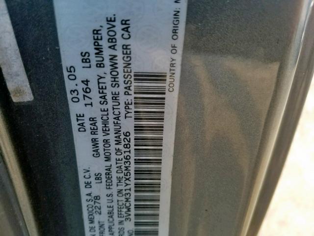 3VWCM31YX5M361826 - 2005 VOLKSWAGEN NEW BEETLE ნაცრისფერი ფოტო 10