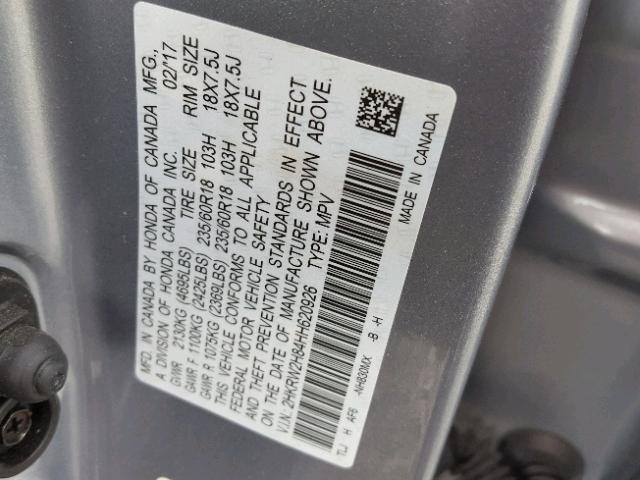 2HKRW2H84HH620926 - 2017 HONDA CR-V EXL SILVER photo 10