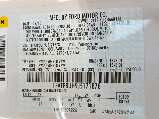 1FATP8UH9J5171878 - 2018 FORD MUSTANG WHITE photo 10