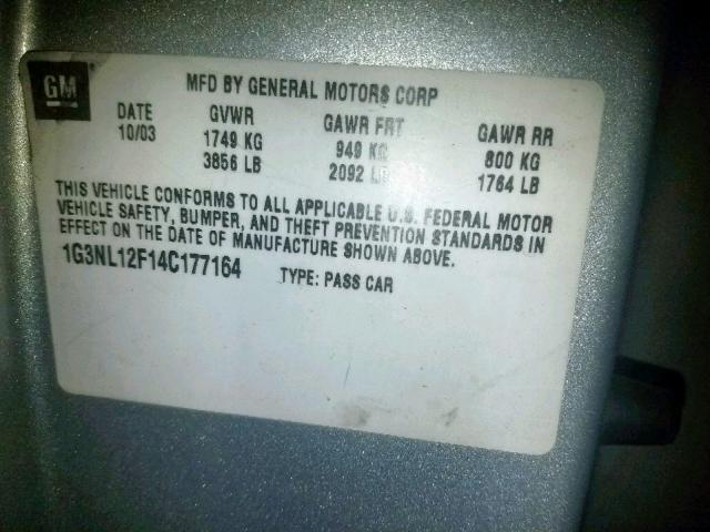 1G3NL12F14C177164 - 2004 OLDSMOBILE ALERO GL SILVER photo 10