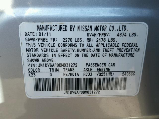 JN1DV6AP0BM831272 - 2011 INFINITI G25 BASE SILVER photo 10