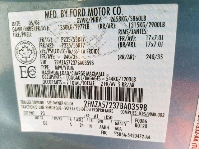 2FMZA57237BA03598 - 2007 FORD FREESTAR S BLUE photo 10