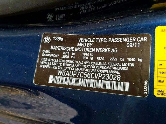 WBAUP7C56CVP23028 - 2012 BMW 128 I BLUE photo 10