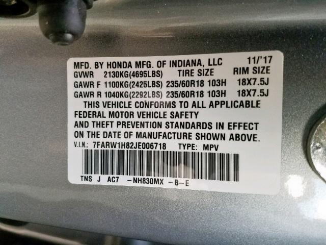 7FARW1H82JE006718 - 2018 HONDA CR-V EXL SILVER photo 10