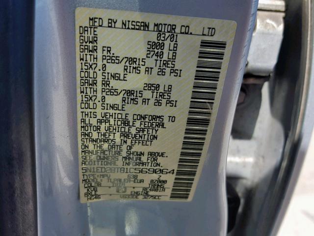 5N1ED28T81C569064 - 2001 NISSAN XTERRA XE SILVER photo 10