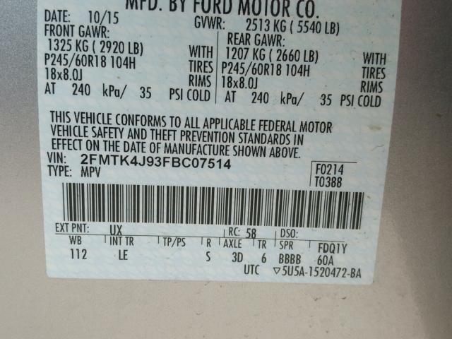 2FMTK4J93FBC07514 - 2015 FORD EDGE SEL SILVER photo 10