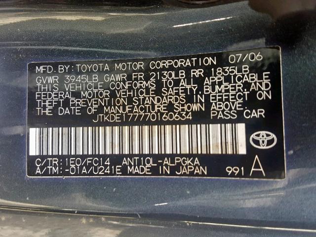 JTKDE177770160634 - 2007 TOYOTA SCION TC ნაცრისფერი ფოტო 10