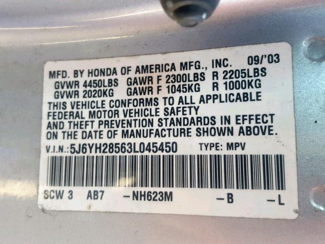 5J6YH28563L045450 - 2003 HONDA ELEMENT EX SILVER photo 10