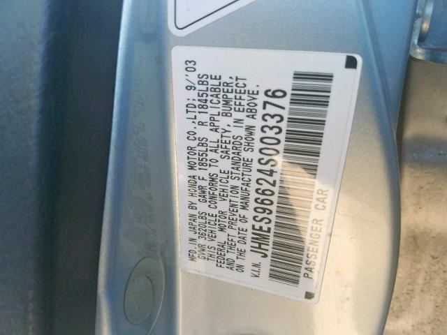 JHMES96624S003376 - 2004 HONDA CIVIC HYBR BLUE photo 10