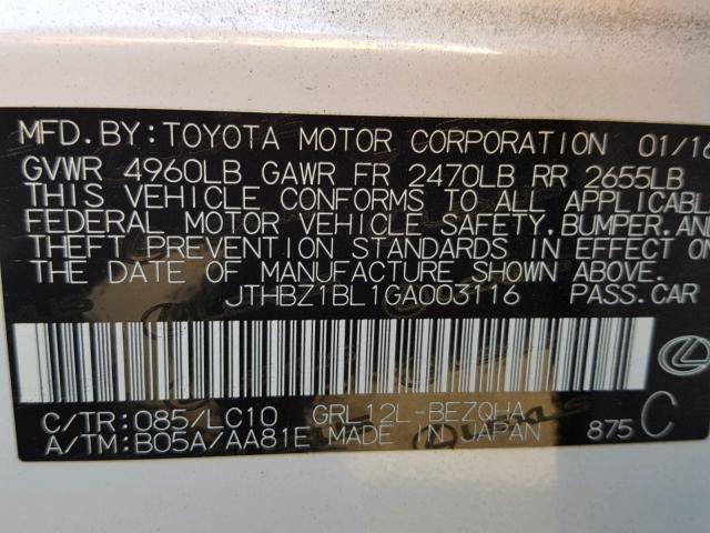 JTHBZ1BL1GA003116 - 2016 LEXUS GS 350 WHITE photo 10