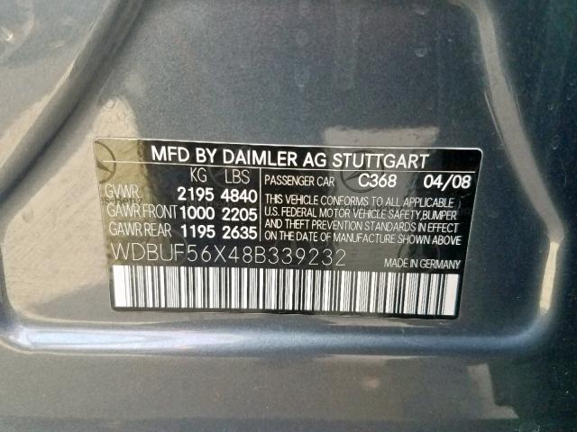 WDBUF56X48B339232 - 2008 MERCEDES-BENZ E 350 GRAY photo 10