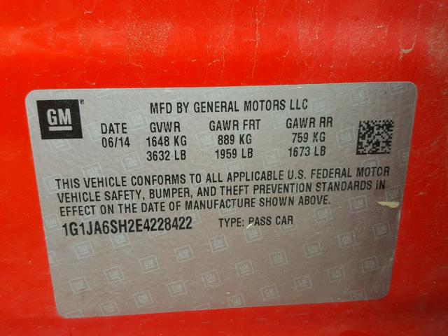 1G1JA6SH2E4228422 - 2014 CHEVROLET SONIC LS RED photo 10