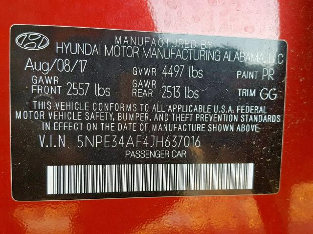 5NPE34AF4JH637016 - 2018 HYUNDAI SONATA SPO RED photo 10