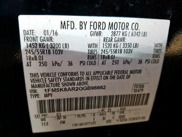 1FM5K8AR2GGB96662 - 2016 FORD EXPLORER P BLACK photo 10