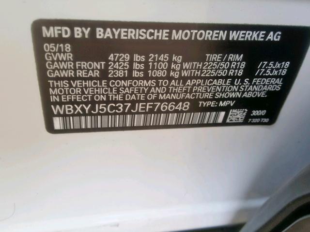 WBXYJ5C37JEF76648 - 2018 BMW X2 XDRIVE2 WHITE photo 10