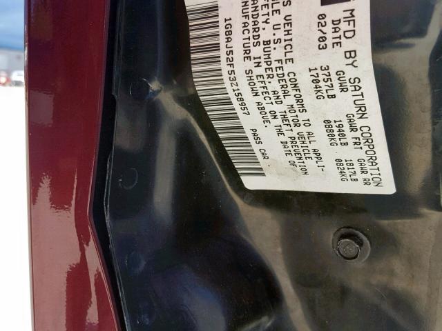 1G8AJ52F53Z158957 - 2003 SATURN ION LEVEL MAROON photo 10