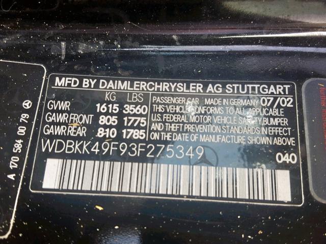 WDBKK49F93F275349 - 2003 MERCEDES-BENZ SLK 230 KO BLACK photo 10