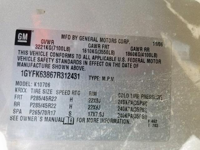 1GYFK63867R312431 - 2007 CADILLAC ESCALADE L SILVER photo 10