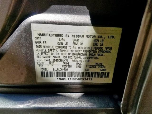 1N4BL11D95C291472 - 2005 NISSAN ALTIMA SE BROWN photo 10