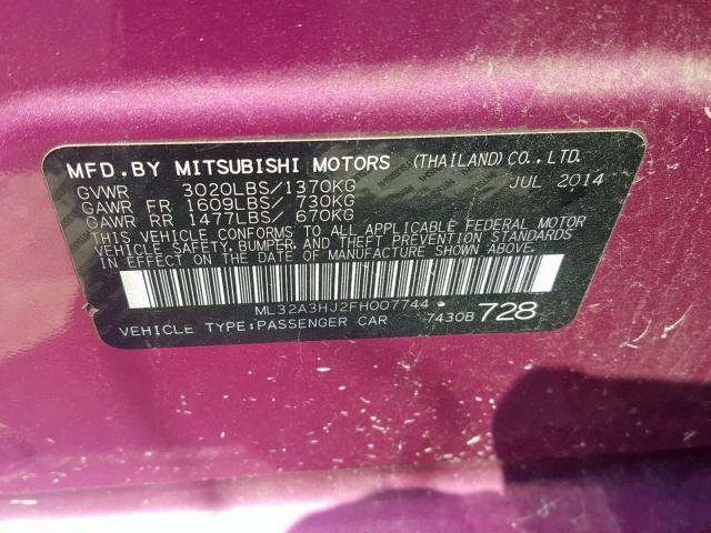 ML32A3HJ2FH007744 - 2015 MITSUBISHI MIRAGE DE PURPLE photo 10