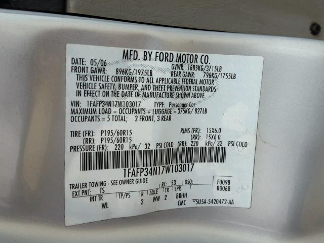 1FAFP34N17W103017 - 2007 FORD FOCUS ZX4 SILVER photo 10