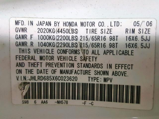 JHLRD685X6C023620 - 2006 HONDA CR-V LX WHITE photo 10