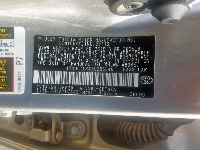 4T1BF1FK2GU256046 - 2016 TOYOTA CAMRY LE SILVER photo 10