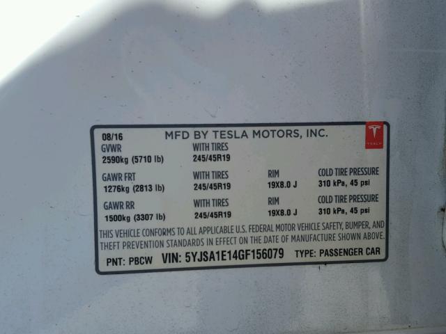 5YJSA1E14GF156079 - 2016 TESLA MODEL S أبيض صورة 10