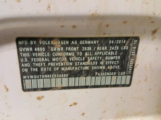 WVWGU7AN6EE534880 - 2014 VOLKSWAGEN CC VR6 4MO WHITE photo 10