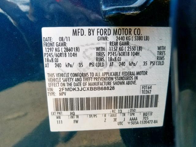 2FMDK3JCXBBB68828 - 2011 FORD EDGE SEL BLUE photo 10