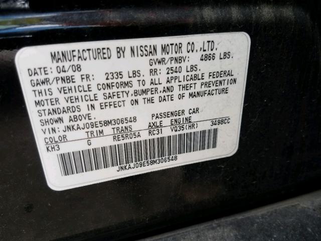 JNKAJ09E58M306548 - 2008 INFINITI EX35 BASE BLACK photo 10