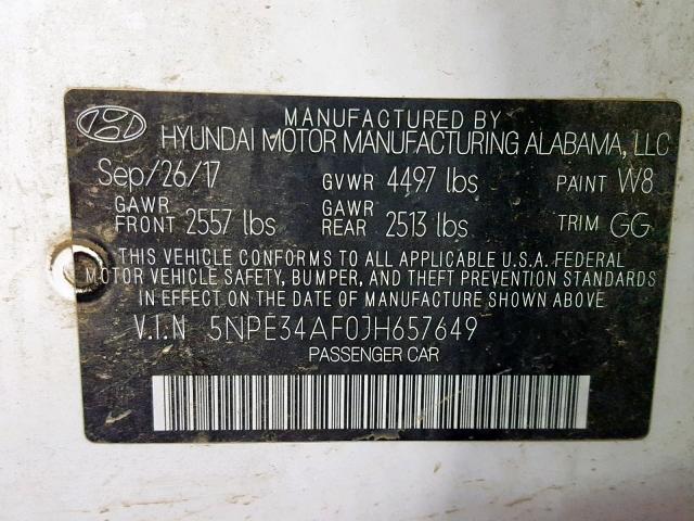 5NPE34AF0JH657649 - 2018 HYUNDAI SONATA SPO WHITE photo 10