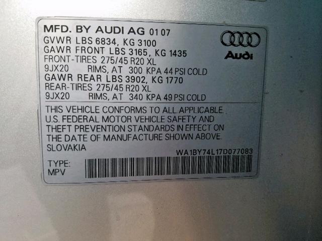 WA1BY74L17D077083 - 2007 AUDI Q7 3.6 QUA GRAY photo 10