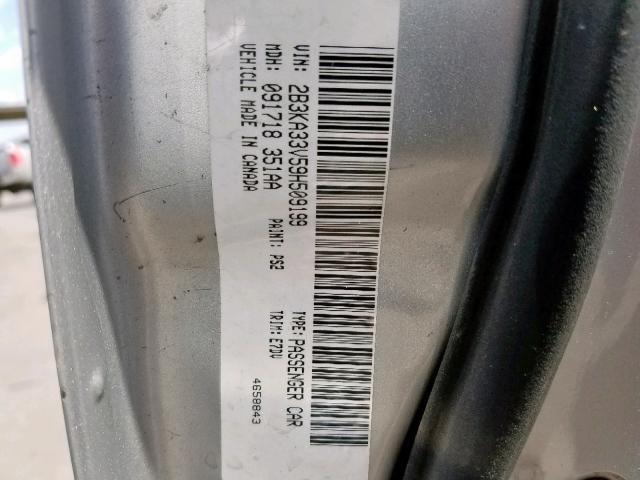 2B3KA33V59H509199 - 2009 DODGE CHARGER SX SILVER photo 10