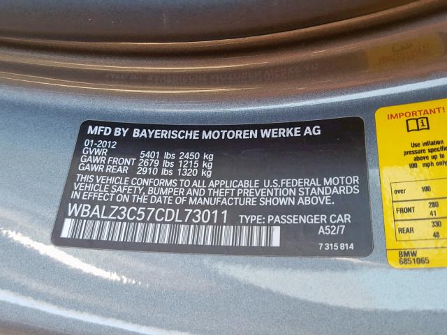 WBALZ3C57CDL73011 - 2012 BMW 650 I GRAY photo 10