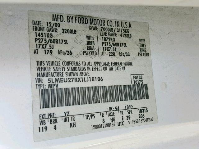 5LMEU27RX1LJ18186 - 2001 LINCOLN NAVIGATOR თეთრი ფოტო 10