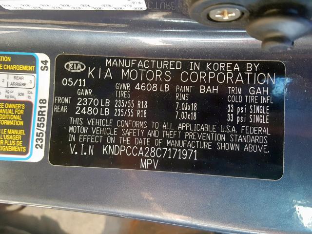 KNDPCCA28C7171971 - 2012 KIA SPORTAGE E BLUE photo 10