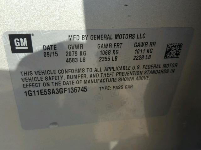 1G11E5SA3GF136745 - 2016 CHEVROLET MALIBU LIM 金色 照片 10