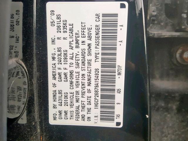 1HGCP26879A154926 - 2009 HONDA ACCORD EXL BLACK photo 10