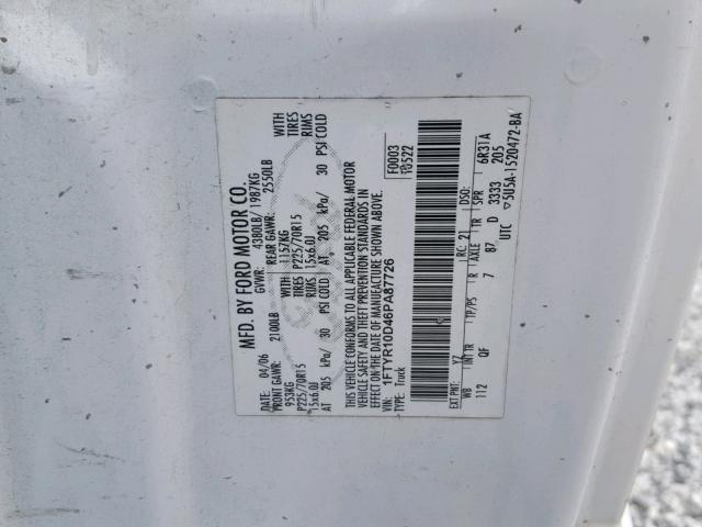 1FTYR10D46PA87726 - 2006 FORD RANGER WHITE photo 10