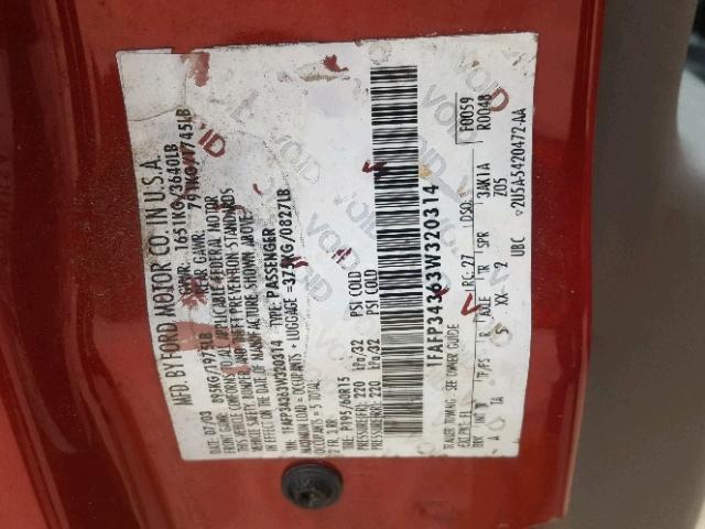 1FAFP34363W320314 - 2003 FORD FOCUS SE C RED photo 10