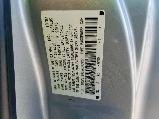 1HGCS12858A003127 - 2008 HONDA ACCORD EXL SILVER photo 10