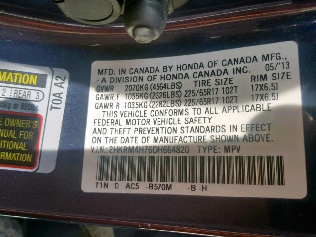 2HKRM4H76DH664820 - 2013 HONDA CR-V EXL BLUE photo 10