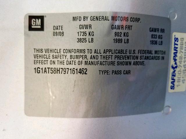 1G1AT58H797161462 - 2009 CHEVROLET COBALT LT SILVER photo 10