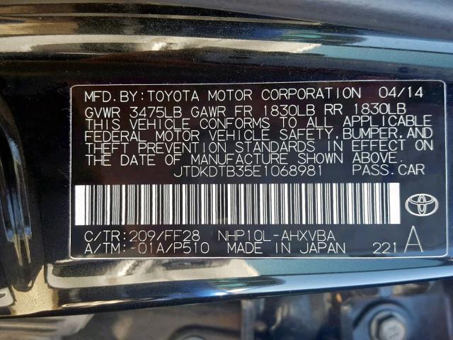 JTDKDTB35E1068981 - 2014 TOYOTA PRIUS C BLUE photo 10